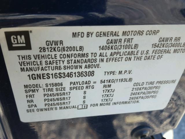 1GNES16S346136308 - 2004 CHEVROLET TRAILBLAZE BLUE photo 10