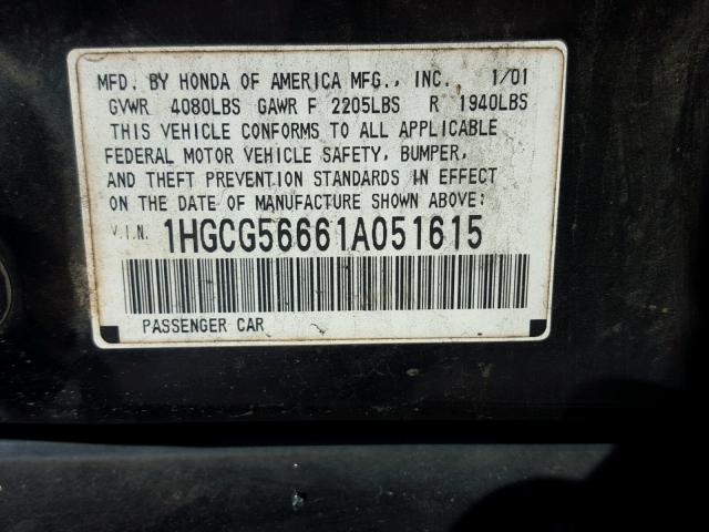 1HGCG56661A051615 - 2001 HONDA ACCORD EX BLACK photo 10