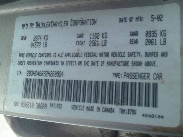 2B3HD46R32H260994 - 2002 DODGE INTREPID S 银色 照片 10
