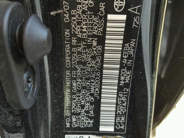 JTDKB20U677645108 - 2007 TOYOTA PRIUS BLACK photo 10