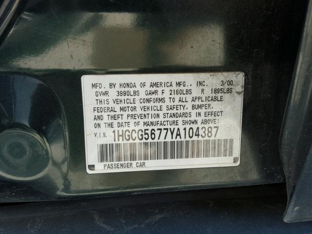 1HGCG5677YA104387 - 2000 HONDA ACCORD SE GREEN photo 10