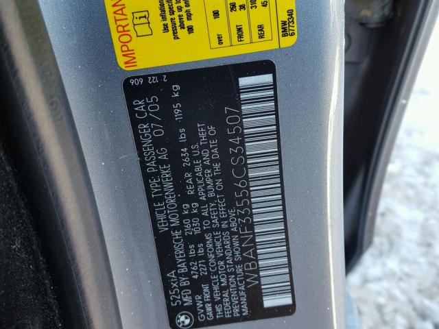 WBANF33556CS34507 - 2006 BMW 525 XI GRAY photo 10