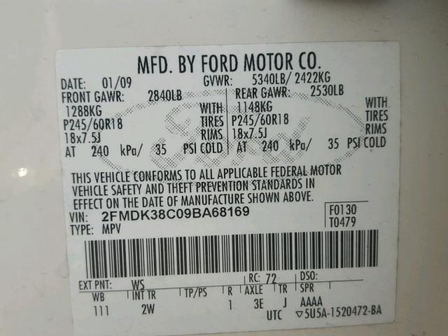 2FMDK38C09BA68169 - 2009 FORD EDGE SEL WHITE photo 10