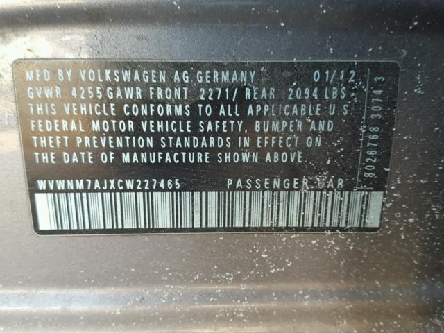 WVWNM7AJXCW227465 - 2012 VOLKSWAGEN GOLF 银色 照片 10