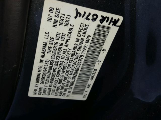 5FNRL3H25AB024979 - 2010 HONDA ODYSSEY LX BLUE photo 10