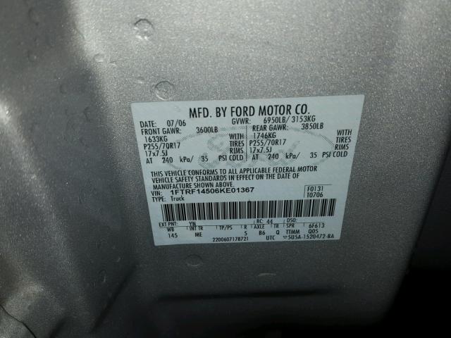 1FTRF14506KE01367 - 2006 FORD F150 SILVER photo 10