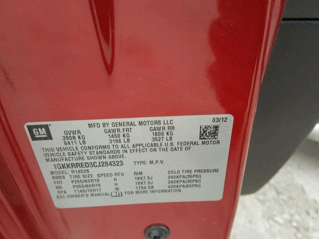 1GKKRRED3CJ284323 - 2012 GMC ACADIA SLT მუქწითელი ფოტო 10