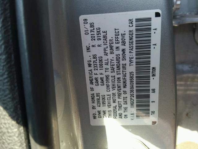 1HGCP26369A095825 - 2009 HONDA ACCORD LX SILVER photo 10