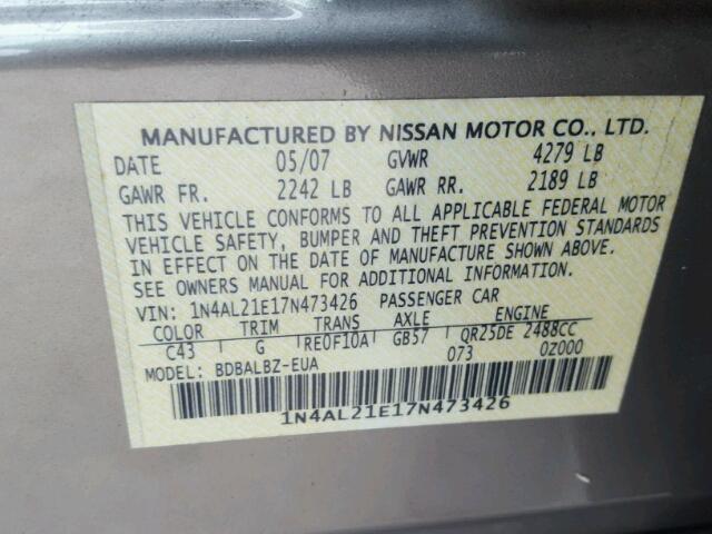 1N4AL21E17N473426 - 2007 NISSAN ALTIMA 2.5 GOLD photo 10