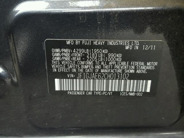 JF1GJAE62CH013102 - 2012 SUBARU IMPREZA PR GRAY photo 10