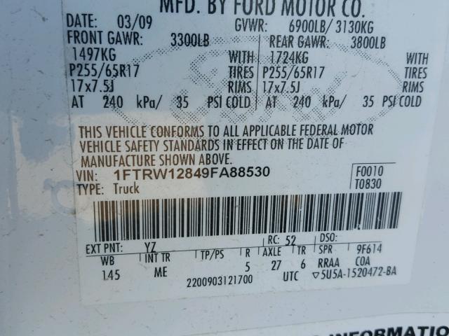 1FTRW12849FA88530 - 2009 FORD F150 SUPER WHITE photo 10