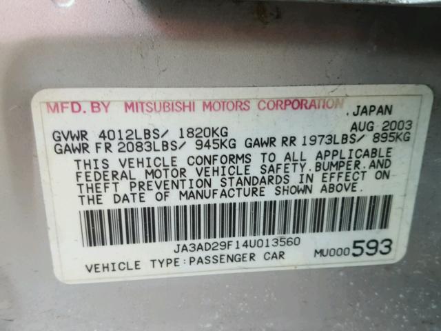 JA3AD29F14U013560 - 2004 MITSUBISHI LANCER LS SILVER photo 10