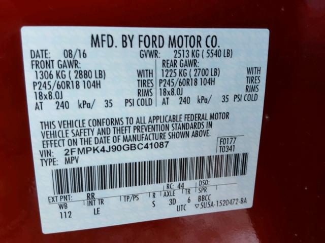 2FMPK4J90GBC41087 - 2016 FORD EDGE SEL RED photo 10