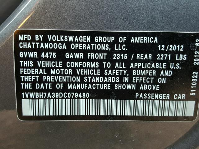 1VWBH7A39DC079480 - 2013 VOLKSWAGEN PASSAT SE GRAY photo 10