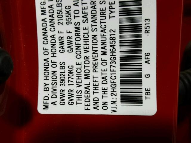 2HGFC1F73GH645812 - 2016 HONDA CIVIC EXL RED photo 10