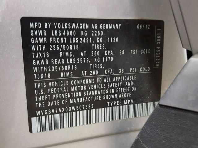 WVGBV7AX0DW507333 - 2013 VOLKSWAGEN TIGUAN S SILVER photo 10