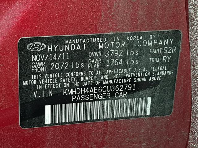 KMHDH4AE6CU362791 - 2012 HYUNDAI ELANTRA GL RED photo 10