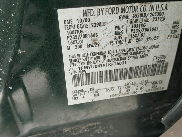 1FMYU04191KF16031 - 2001 FORD ESCAPE XLT BLACK photo 10