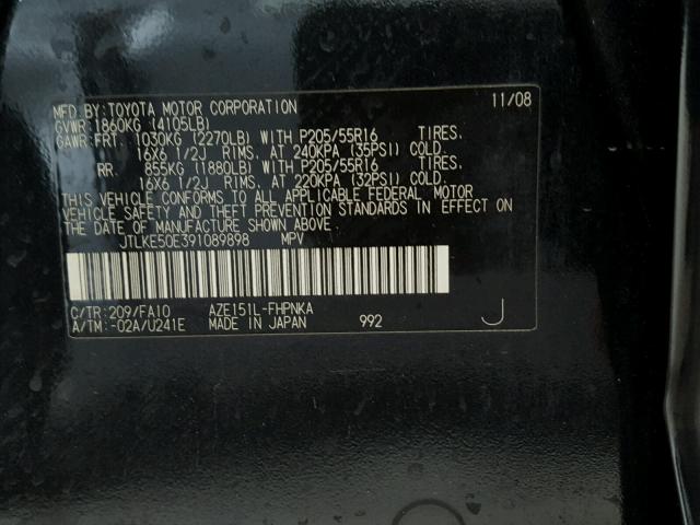 JTLKE50E391089898 - 2009 TOYOTA SCION XB BLACK photo 10