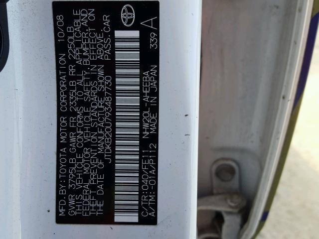 JTDKB20U793487730 - 2009 TOYOTA PRIUS WHITE photo 10