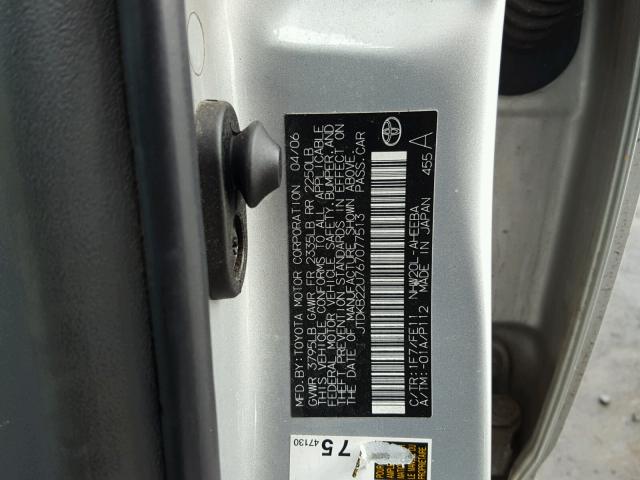 JTDKB22U767077513 - 2006 TOYOTA PRIUS SILVER photo 10