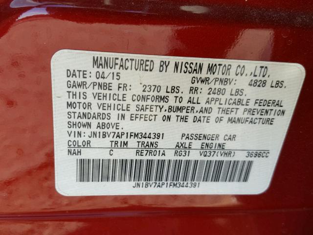 JN1BV7AP1FM344391 - 2015 INFINITI Q50 BASE RED photo 10