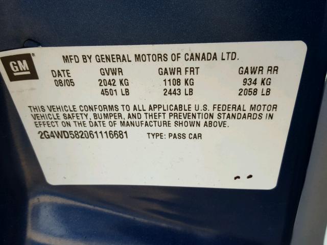 2G4WD582061116681 - 2006 BUICK LACROSSE C BLUE photo 10