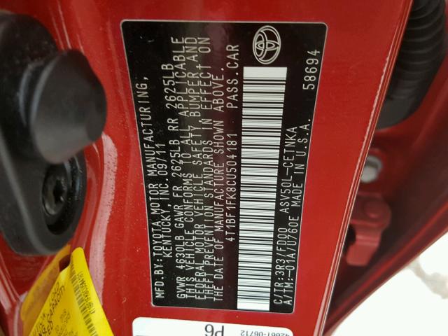 4T1BF1FK8CU504181 - 2012 TOYOTA CAMRY BASE RED photo 10