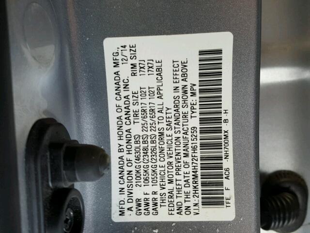 2HKRM4H72FH615259 - 2015 HONDA CR-V EXL SILVER photo 10