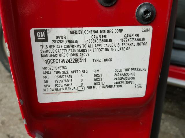 1GCEC19V24Z265411 - 2004 CHEVROLET SILVERADO RED photo 10