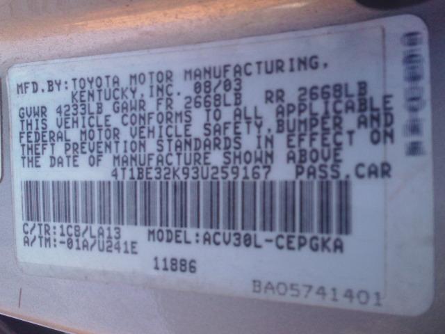 4T1BE32K93U259167 - 2003 TOYOTA CAMRY LE SILVER photo 10