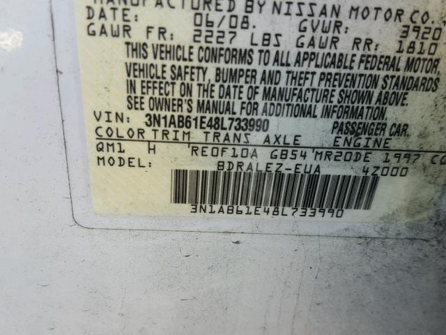 3N1AB61E48L733990 - 2008 NISSAN SENTRA 2.0 WHITE photo 10