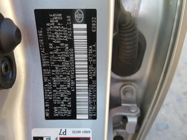 4T1BF1FK5CU506650 - 2012 TOYOTA CAMRY BASE SILVER photo 10