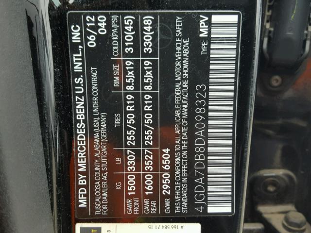 4JGDA7DB8DA098323 - 2013 MERCEDES-BENZ ML 550 4MA BLACK photo 10