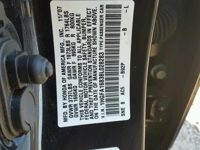 1HGFA16838L028283 - 2008 HONDA CIVIC EX BLACK photo 10