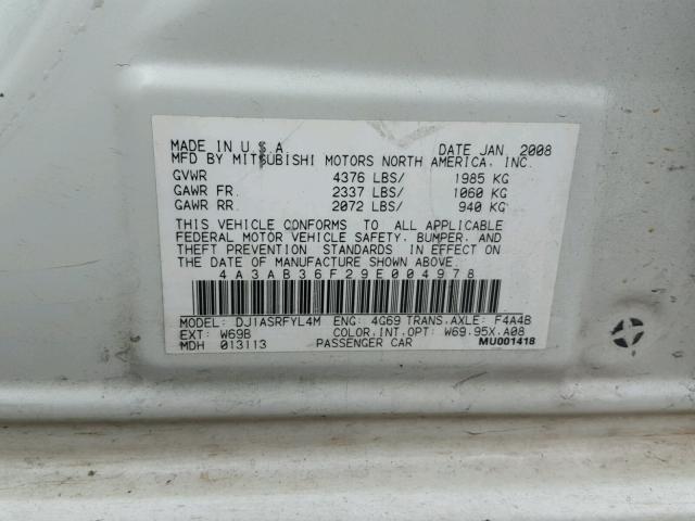 4A3AB36F29E004978 - 2009 MITSUBISHI GALANT ES WHITE photo 10