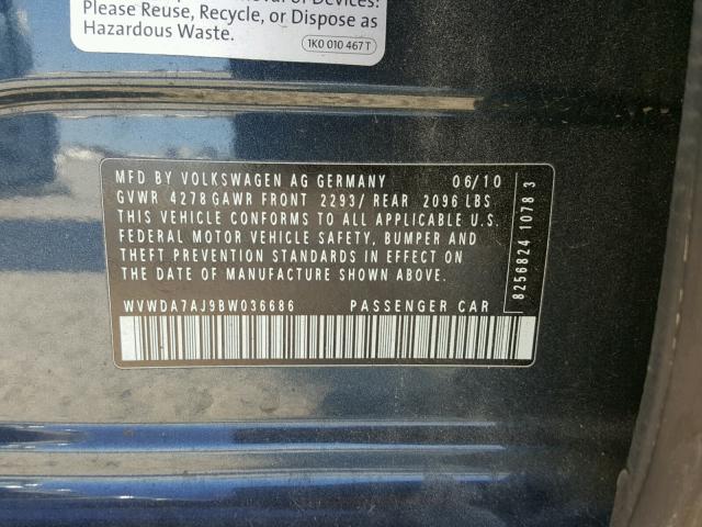 WVWDA7AJ9BW036686 - 2011 VOLKSWAGEN GOLF 黑色 照片 10