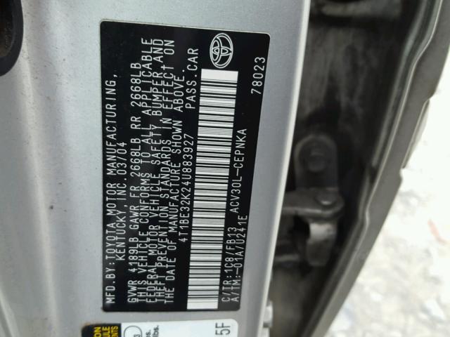 4T1BE32K24U883927 - 2004 TOYOTA CAMRY LE ვერცხლისფერი ფოტო 10