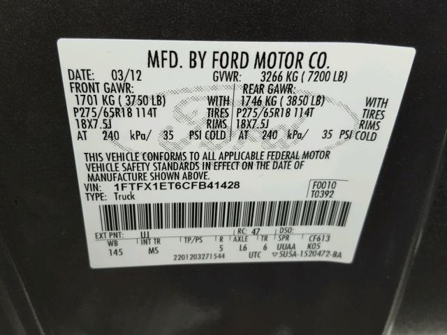 1FTFX1ET6CFB41428 - 2012 FORD F150 SUPER SILVER photo 10