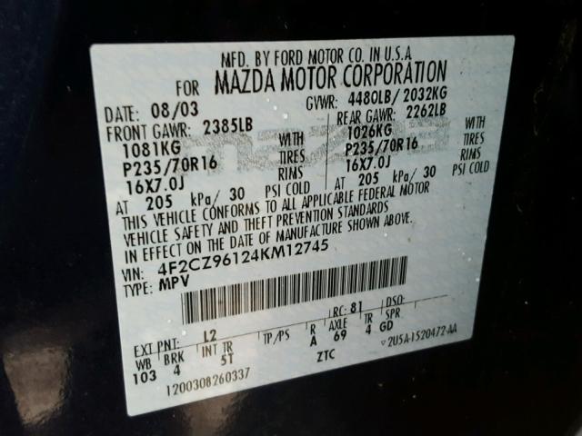 4F2CZ96124KM12745 - 2004 MAZDA TRIBUTE ES 蓝色 照片 10