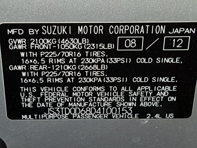 JS3TD0D68D4100153 - 2013 SUZUKI GRAND VITA SILVER photo 10