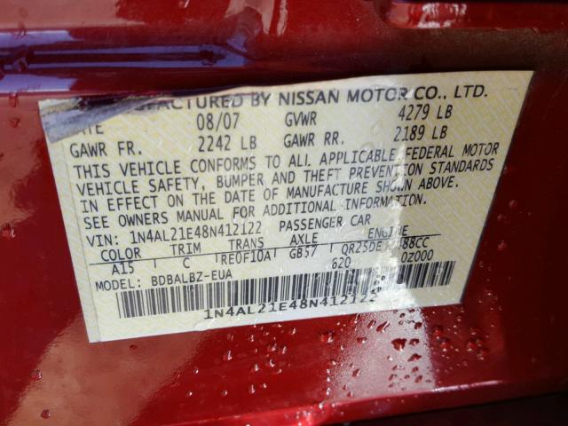 1N4AL21E48N412122 - 2008 NISSAN ALTIMA 2.5 RED photo 10