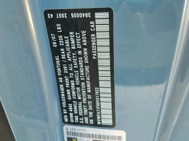 WVWFA71F68V017922 - 2008 VOLKSWAGEN EOS LUX 蓝色 照片 10