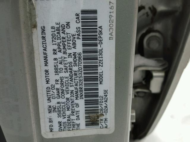 1NXBR32E53Z070966 - 2003 TOYOTA COROLLA CE SILVER photo 10