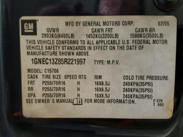 1GNEC13Z85R221997 - 2005 CHEVROLET TAHOE C150 BLUE photo 10