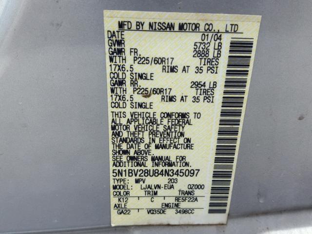 5N1BV28U84N345097 - 2004 NISSAN QUEST S GRAY photo 10