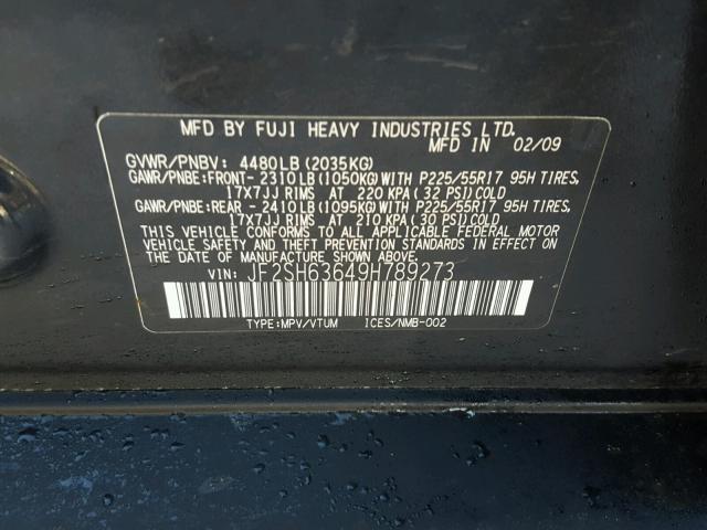 JF2SH63649H789273 - 2009 SUBARU FORESTER 2 BLACK photo 10