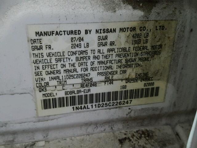 1N4AL11D25C226247 - 2005 NISSAN ALTIMA S WHITE photo 10