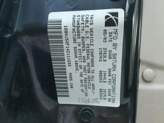 1G8AJ52F14Z111233 - 2004 SATURN ION LEVEL GREEN photo 10