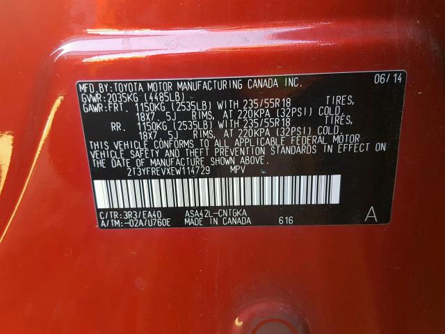 2T3YFREVXEW114729 - 2014 TOYOTA RAV4 LIMIT RED photo 10